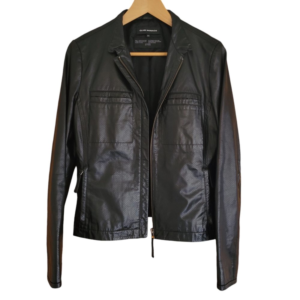 Club Monaco Leather Jacket Womens Medium Black Moto Full Zip 100% Leather Shell